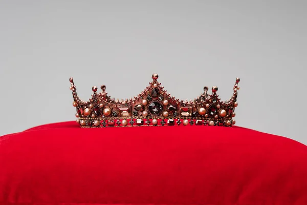 Luxury Crown Red Velvet Cushion Isolated Grey — Stock Photo, Image