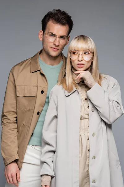 Trendy Couple Glasses Posing Isolated Grey — Stock Photo, Image