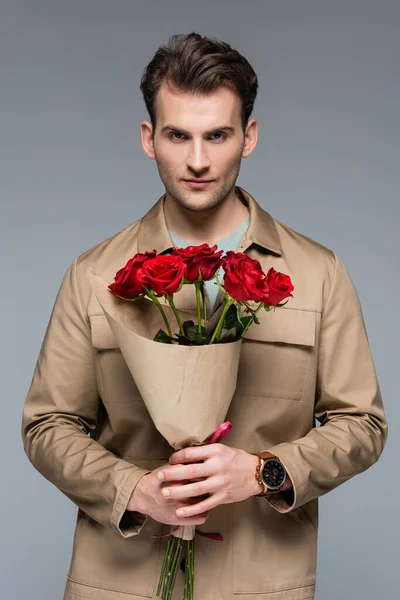Stylish Man Holding Bouquet Red Roses Isolated Grey — Stock Photo, Image