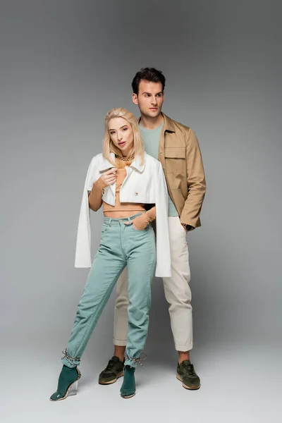 Full Length Trendy Models Pants Jackets Posing Hands Pockets Grey — Stock Photo, Image