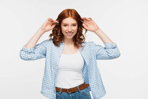 Happy Redhead Young Woman Checkered Shirt Isolated White — Stock Photo, Image