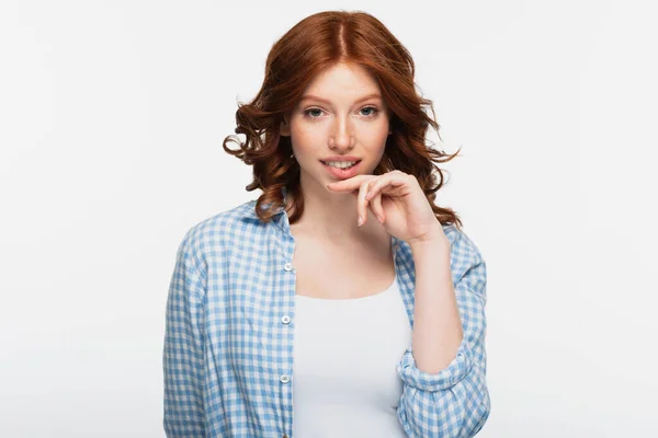 Happy Redhead Young Woman Blue Checkered Shirt Biting Lips Isolated — Stock Photo, Image