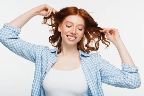 Alegre Pelirroja Camisa Azul Aislada Blanco — Foto de Stock