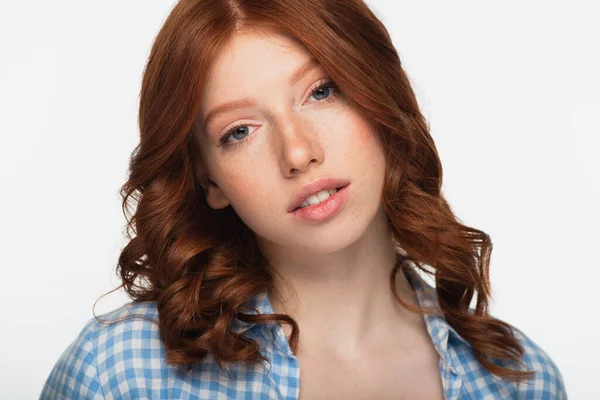 Redhead Woman Blue Plaid Shirt Looking Camera Isolated White — Stock Photo, Image