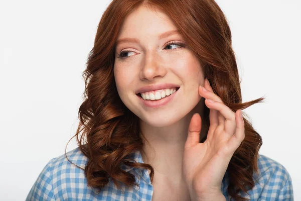 Cheerful Redhead Woman Blue Plaid Shirt Looking Away Isolated White — Stock Photo, Image