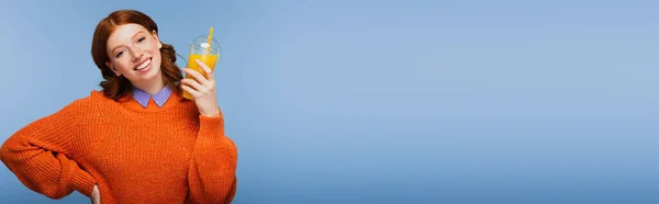 Happy Redhead Woman Sweater Holding Fresh Orange Juice Plastic Cup — Stock Photo, Image