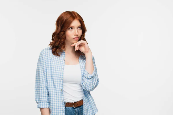 Pensive Redhead Woman Plaid Shirt Isolated White — Stock Photo, Image