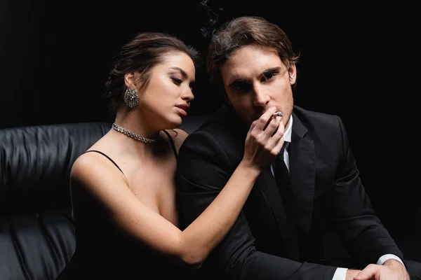 Seductive Woman Holding Cigarette Man Suit Isolated Black — Stock Photo, Image