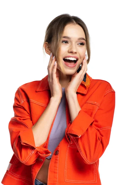 Jovem Mulher Espantada Camisa Isolada Branco — Fotografia de Stock