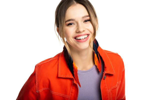 Glimlachende Jonge Vrouw Oranje Shirt Geïsoleerd Wit — Stockfoto