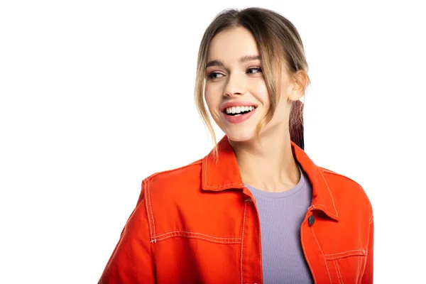 Mulher Feliz Camisa Laranja Olhando Para Longe Sorrindo Isolado Branco — Fotografia de Stock