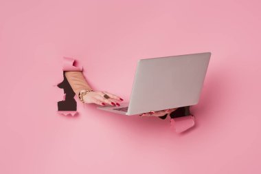 Pembe arka planda dizüstü bilgisayar kullanan bir kadın görüntüsü. 