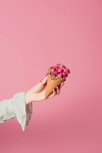 Vista Parcial Mujer Sosteniendo Cono Gofre Con Rosas Aisladas Rosa —  Fotos de Stock
