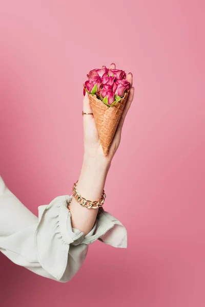 Cropped View Woman Accessories Holding Waffle Cone Roses Isolated Pink — Stock Photo, Image