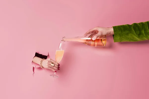 Partial View Woman Holding Glass Man Bottle Champagne Pink Background — Stock Photo, Image