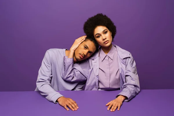 African American Man Leaning Curly Young Woman Isolated Purple — Stock Photo, Image