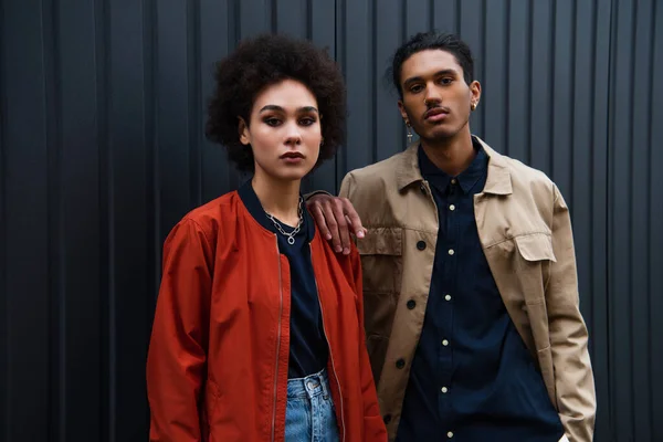 Stylish African American Couple Trendy Clothing Posing — Stock Photo, Image