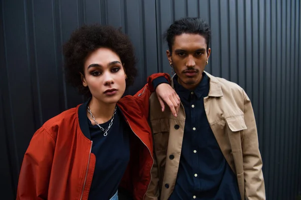 Stylish African American Couple Trendy Jackets Posing — Stock Photo, Image