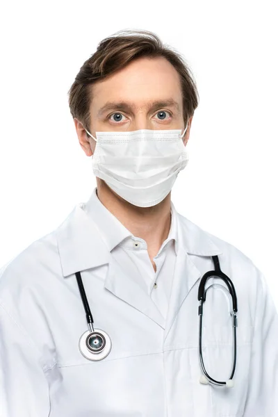 Doctor Protective Mask Looking Camera Isolated White — Stock Photo, Image