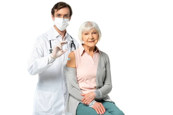 Doctor Medical Mask Holding Vaccine Smiling Patient Adhesive Path Isolated — Stock Photo, Image