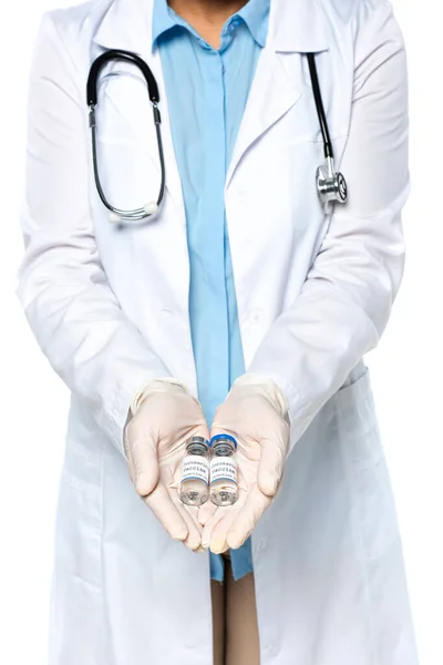 Cropped View Doctor Latex Gloves Holding Jars Vaccine Isolated White — Stock Photo, Image