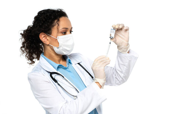 African american doctor picking up vaccine in syringe isolated on white 