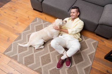 Labrador 'la yerde yatarken eğlenen neşeli adamın yüksek açılı görüntüsü