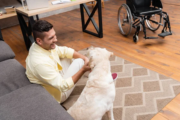 残疾人坐在轮椅旁边的地板上 抚摸着拉布拉多犬 — 图库照片