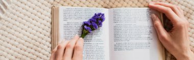 Yatakta dinlenirken mor çiçekle kitap okuyan genç bir kadın.
