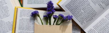top view of purple flowers in envelope on pile of books, banner clipart