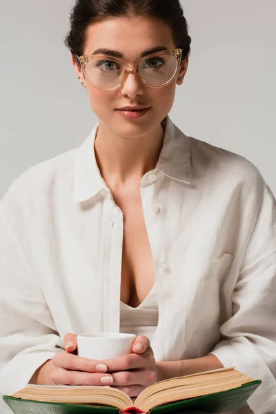 Young Woman Glasses Book Holding Cup Coffee Isolated White — Stock Photo, Image