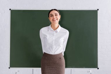 Smiling teacher looking at camera near chalkboard  clipart