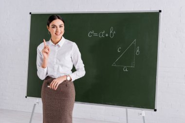 Okulda matematik dersinde parmağınla işaret eden pozitif öğretmen. 