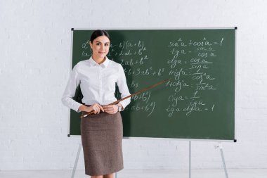 Matematik dersi sırasında elinde işaretçi olan öğretmen tahtada kameraya gülümsüyor. 