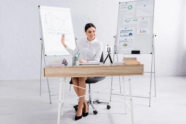 Smiling Businesswoman Pointing Flipchart Video Call Smartphone Office — Stock Photo, Image