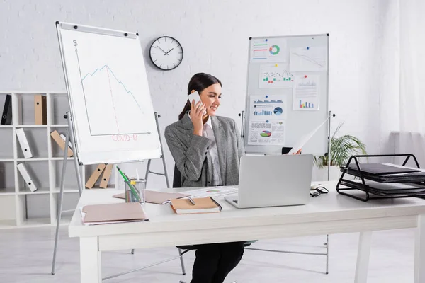 Businesswoman Talking Smartphone Holding Document Working Table Office — Stock Photo, Image
