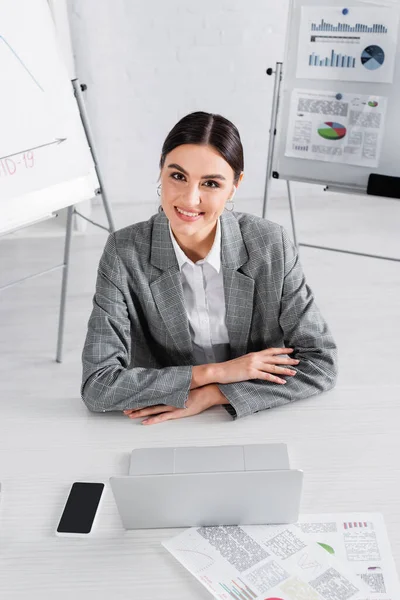 Smiling Businesswoman Looking Camera Gadgets Documents — Stock Photo, Image