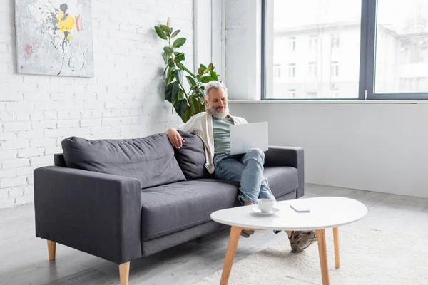 Happy Bearded Man Grey Hair Sitting Couch Using Laptop Living — Stock Photo, Image