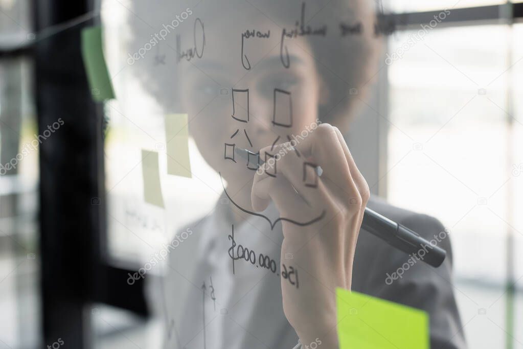 Blurred african american businesswoman drawing on glass board with sticky notes 