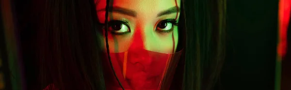 Young Asian Woman Red Face Shield Looking Camera Banner — 图库照片