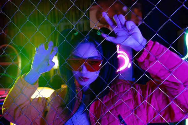 Stylish Young Asian Woman Sunglasses Metallic Fence — Stockfoto