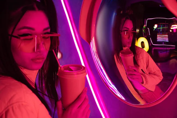 Stylish Young Asian Woman Sunglasses Posing Paper Cup Mirror Neon — 스톡 사진