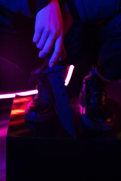 Cropped View Woman Boots Holding Knife — Stock Photo, Image