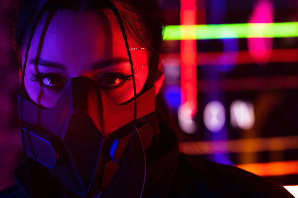 close up of young asian woman in gas mask with artificial scar