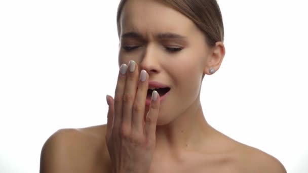 Tired Woman Bare Shoulders Yawning White — Stock Video
