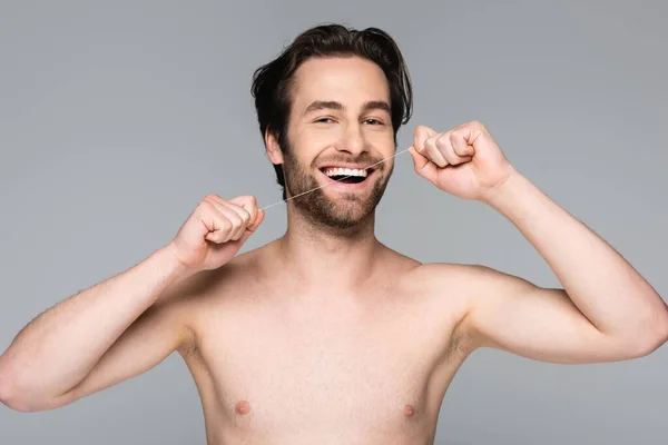 Happy Man Flossing Teeth Isolated Grey — Stock Photo, Image