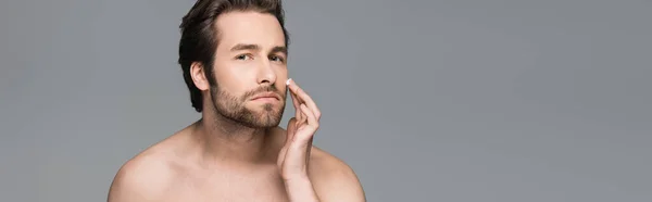 Hombre Sin Camisa Aplicando Crema Facial Aislado Gris Bandera — Foto de Stock