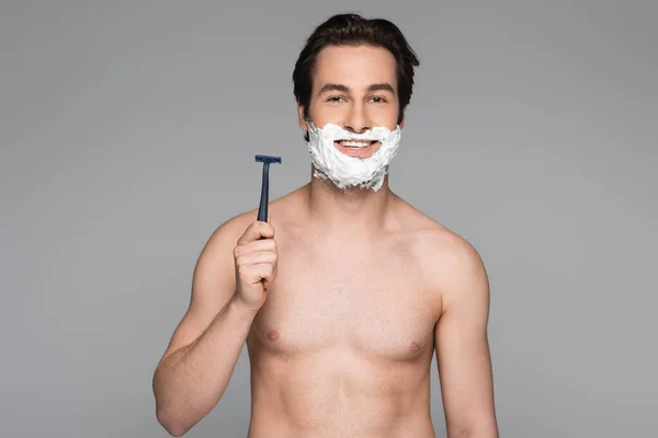 Shirtless Man Foam Face Holding Safety Razor Isolated Grey — Stock Photo, Image