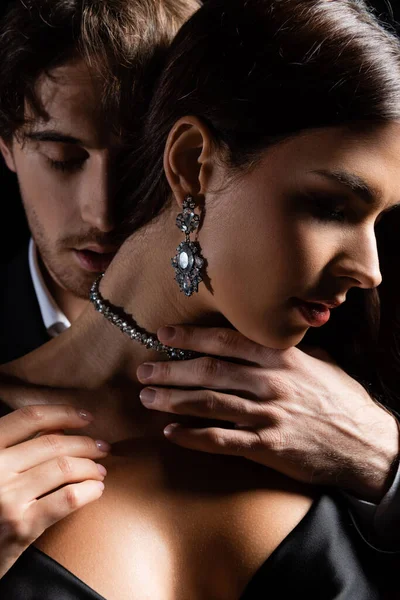 Close Shot Man Passionately Holding Hands Neck Woman Silk Dress — Stock Photo, Image