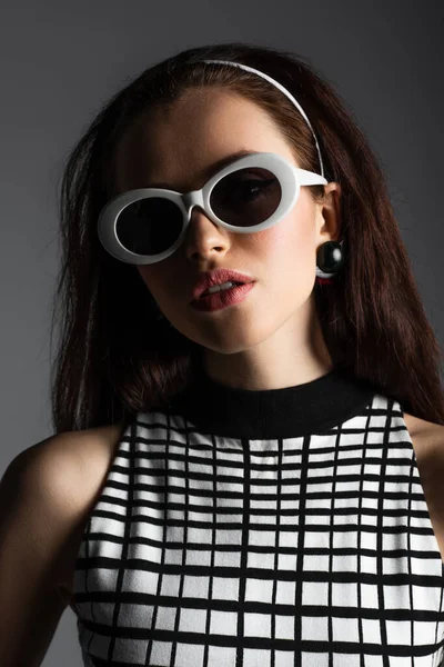 Stylish Woman Headband White Sunglasses Looking Camera Isolated Grey — Stock Photo, Image